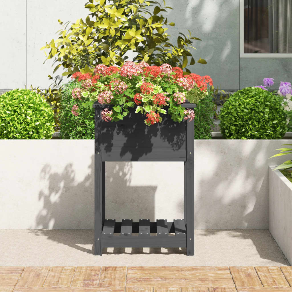 VidaXL Plantenbak met schap 54x54x81 cm massief grenenhout grijs