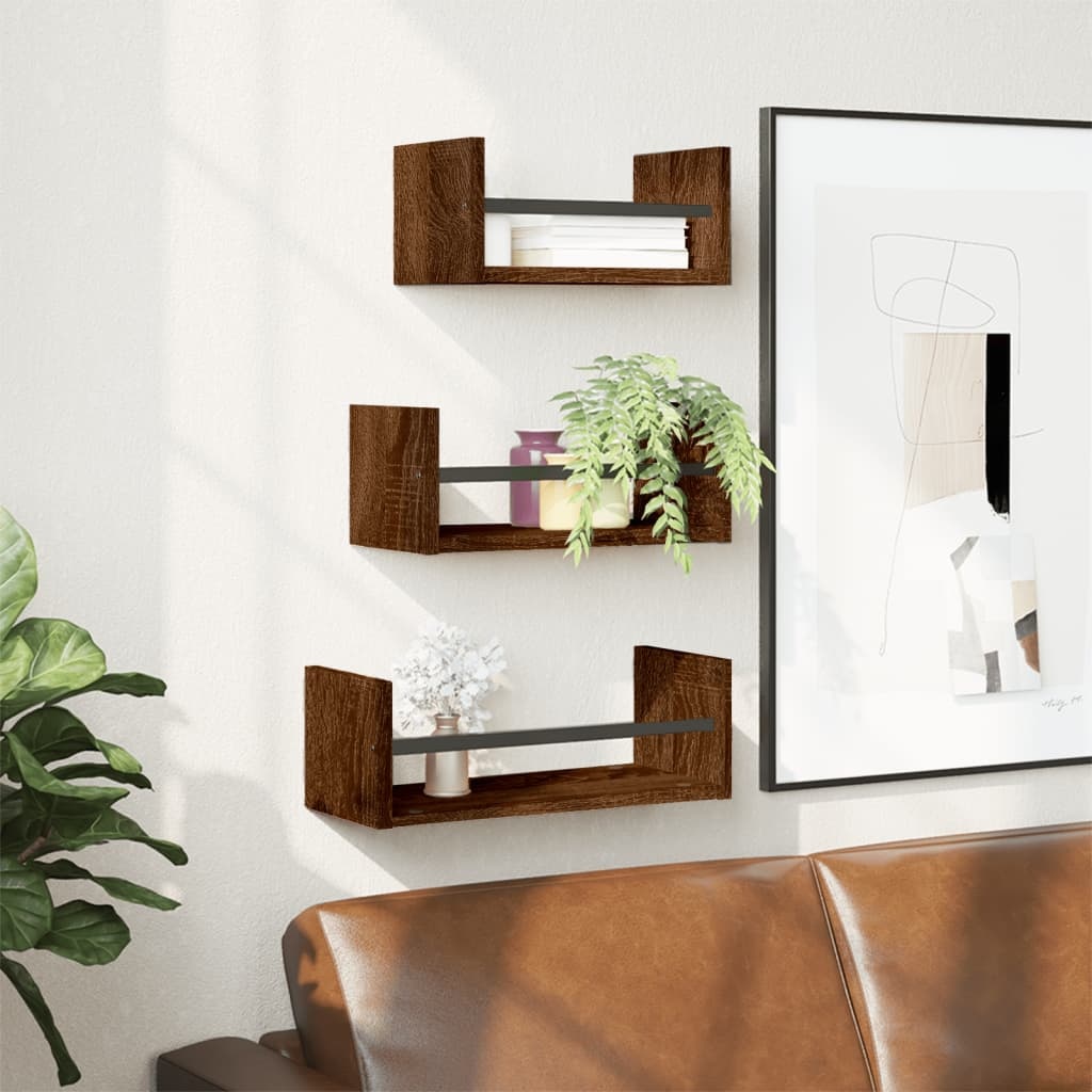 VidaXL 3-delige Wandschappenset met stangen bewerkt hout bruineiken