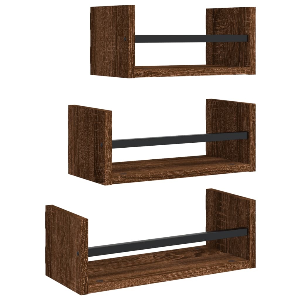 VidaXL 3-delige Wandschappenset met stangen bewerkt hout bruineiken