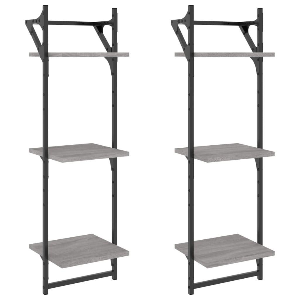 VidaXL Wandschappen 3-laags met stangen 2 st 30x25x100 cm grijs sonoma