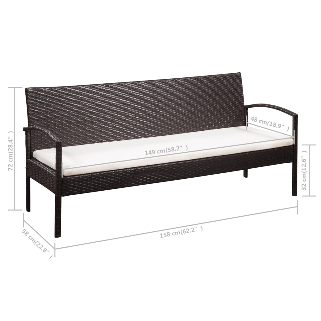 VidaXL Tuinbank 3-zits met kussens poly rattan bruin