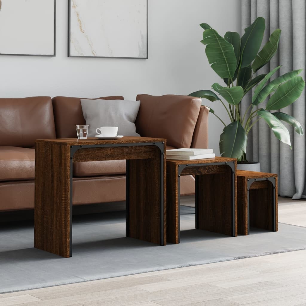 VidaXL 3-delige Tafeltjesset bewerkt hout bruin eikenkleur