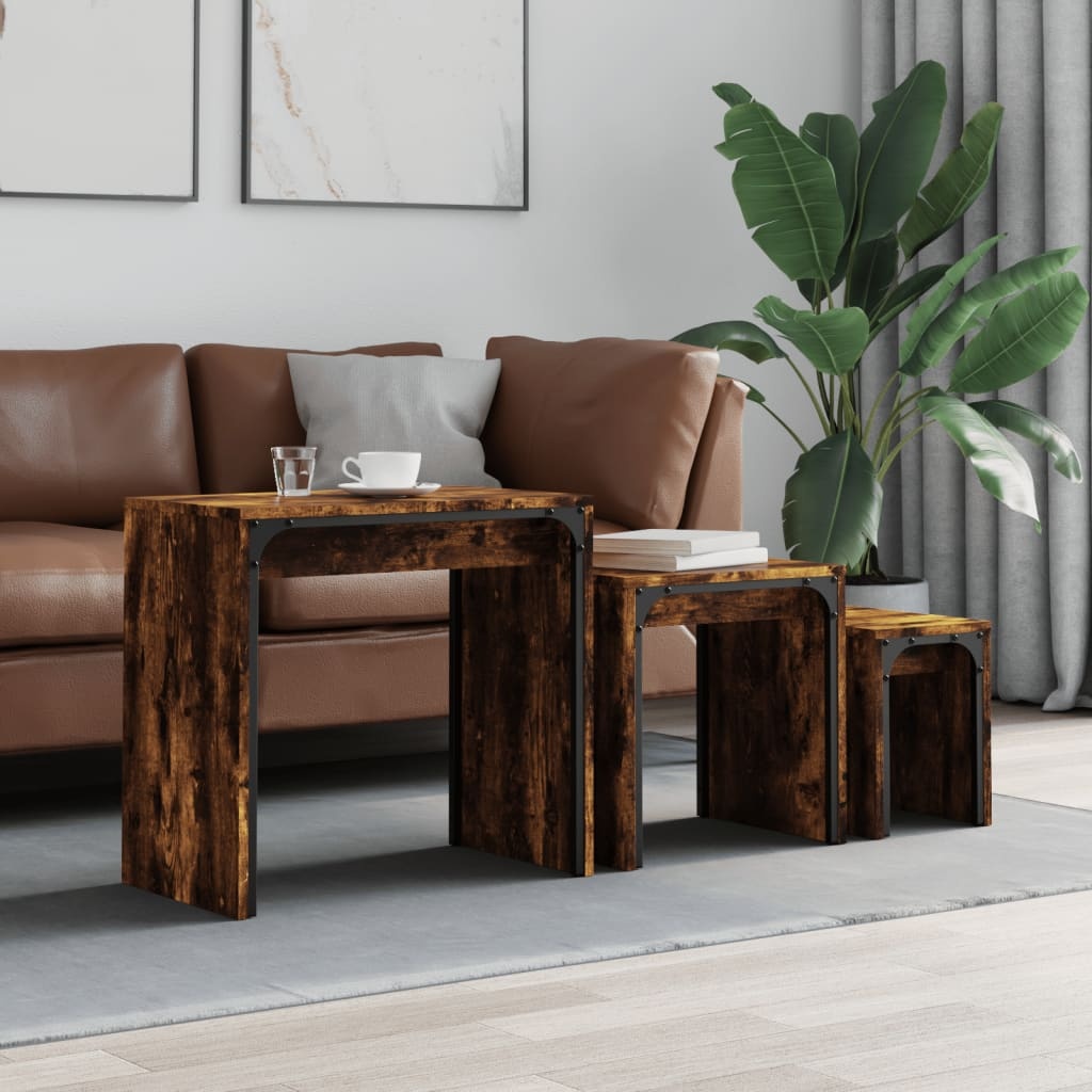 VidaXL 3-delige Tafeltjesset bewerkt hout gerookt eikenkleurig