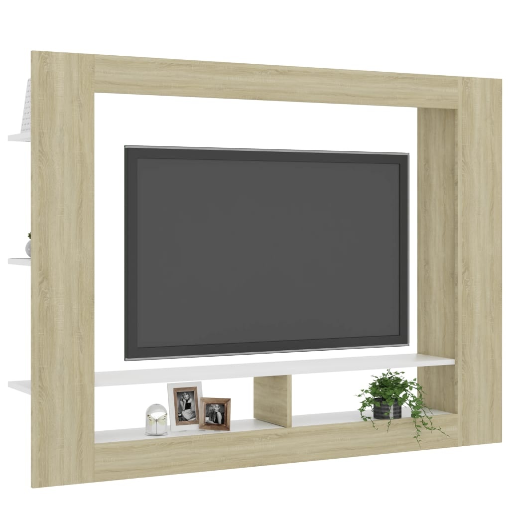 vidaXL Tv-meubel 152x22x113 cm bewerkt hout wit en sonoma eikenkleurig