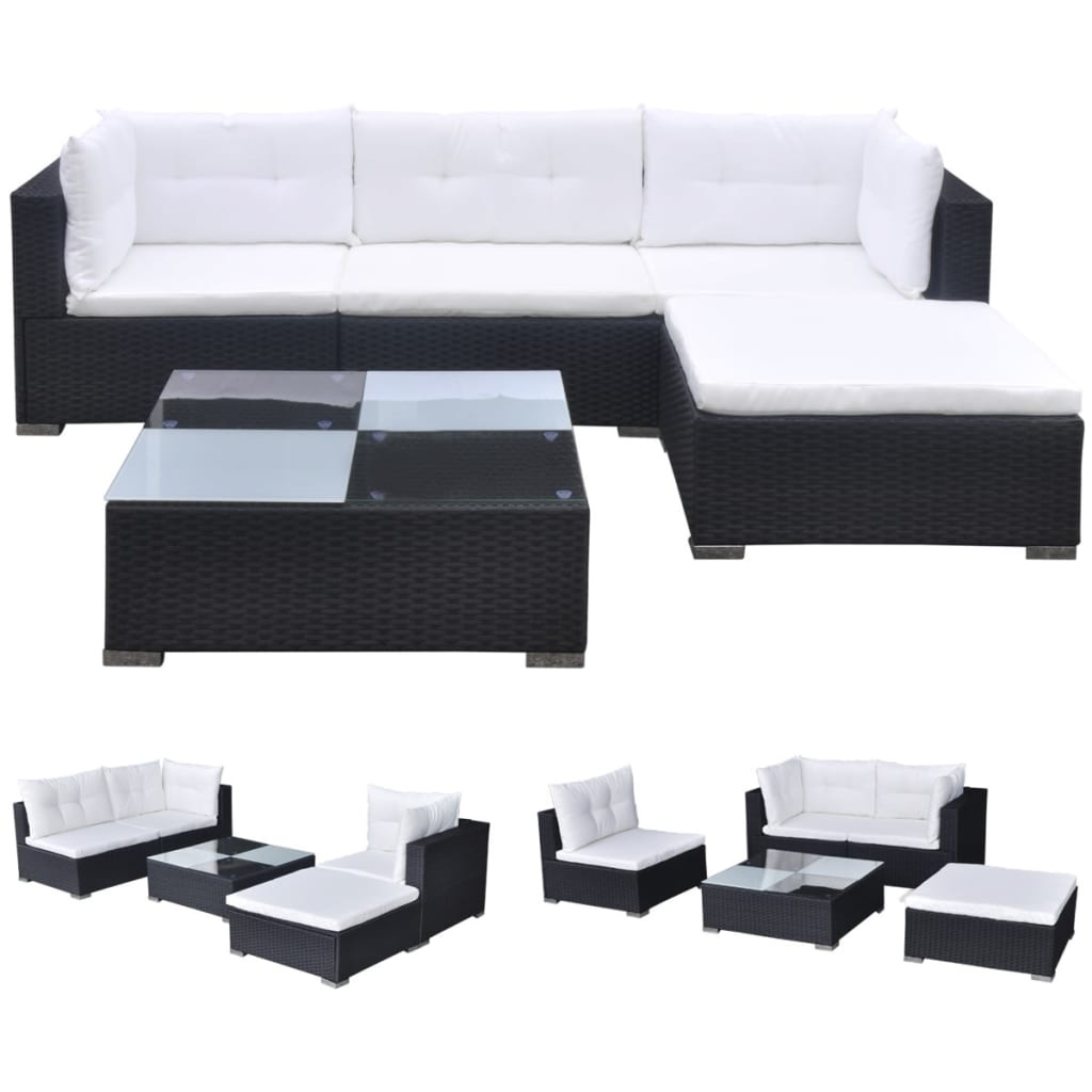 VidaXL 5-delige Loungeset met kussens poly rattan zwart