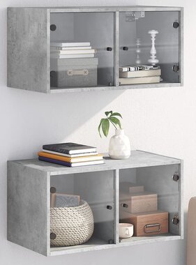 VidaXL Wandkasten met glazen deuren 2 st 68,5x37x35 cm betongrijs