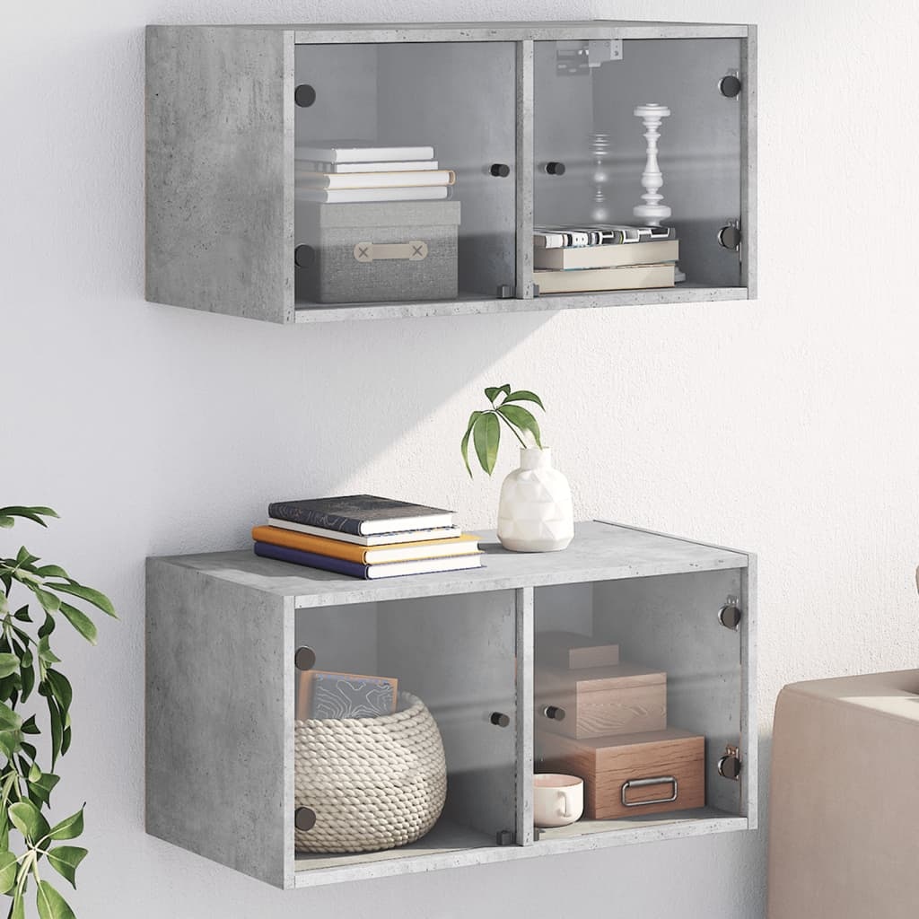 VidaXL Wandkasten met glazen deuren 2 st 68,5x37x35 cm betongrijs