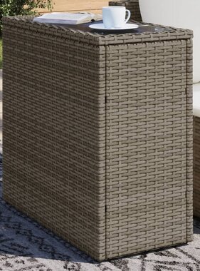 vidaXL Tuinbijzettafel met glazen blad 58x27,5x55 cm poly rattan grijs