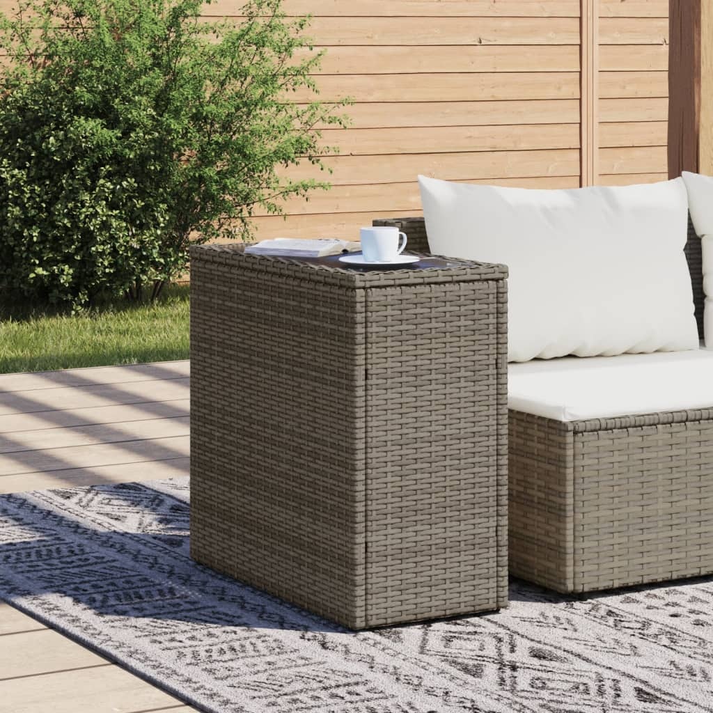 vidaXL Tuinbijzettafel met glazen blad 58x27,5x55 cm poly rattan grijs