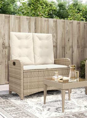 vidaXL Tuinbankje verstelbaar met kussens poly rattan beige