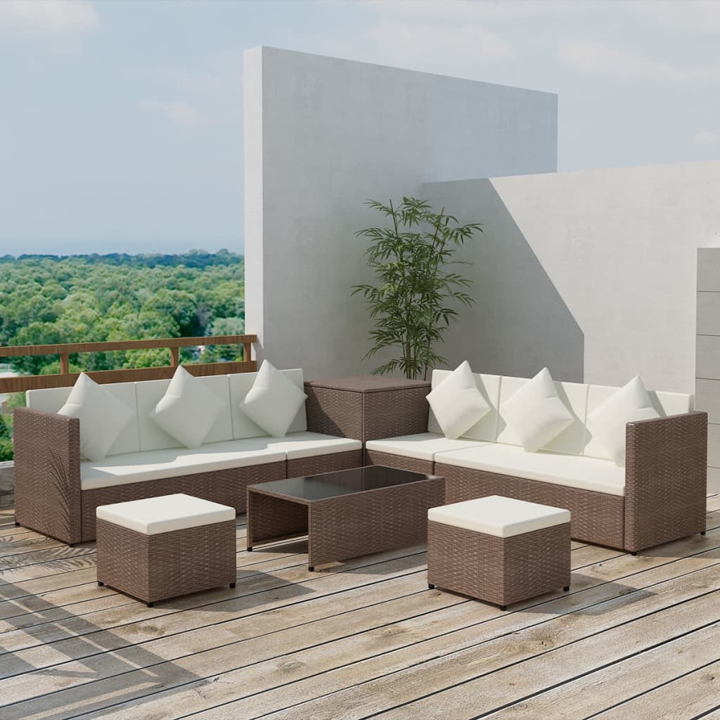 vidaXL 8-delige Loungeset met kussens poly rattan bruin