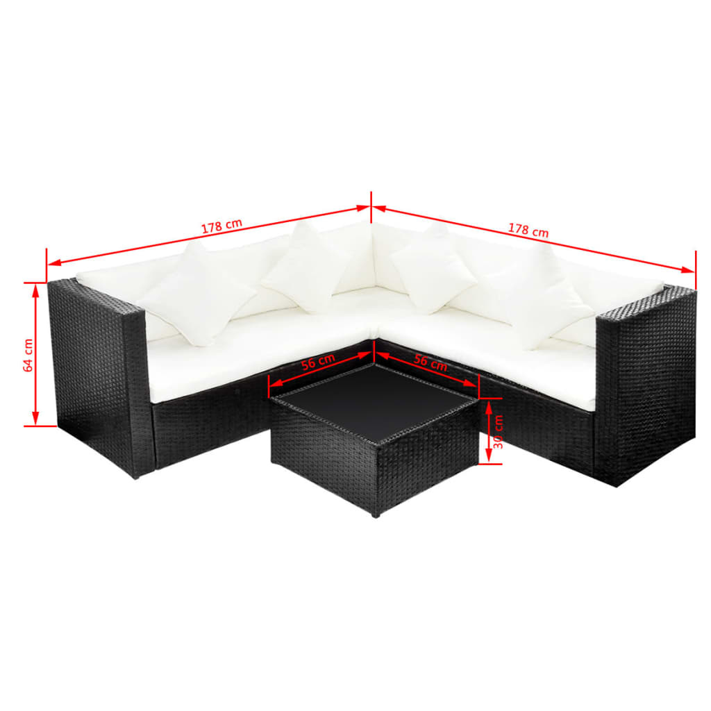 VidaXL 4-delige Loungeset met kussens poly rattan zwart