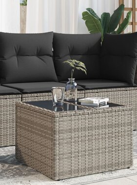 vidaXL Tuintafel met glazen blad 55x55x37 cm poly rattan grijs