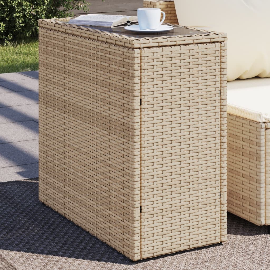 vidaXL Tuinbijzettafel met glazen blad 58x27,5x55 cm poly rattan beige