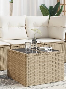 vidaXL Tuintafel met glazen blad 55x55x37 cm poly rattan beige