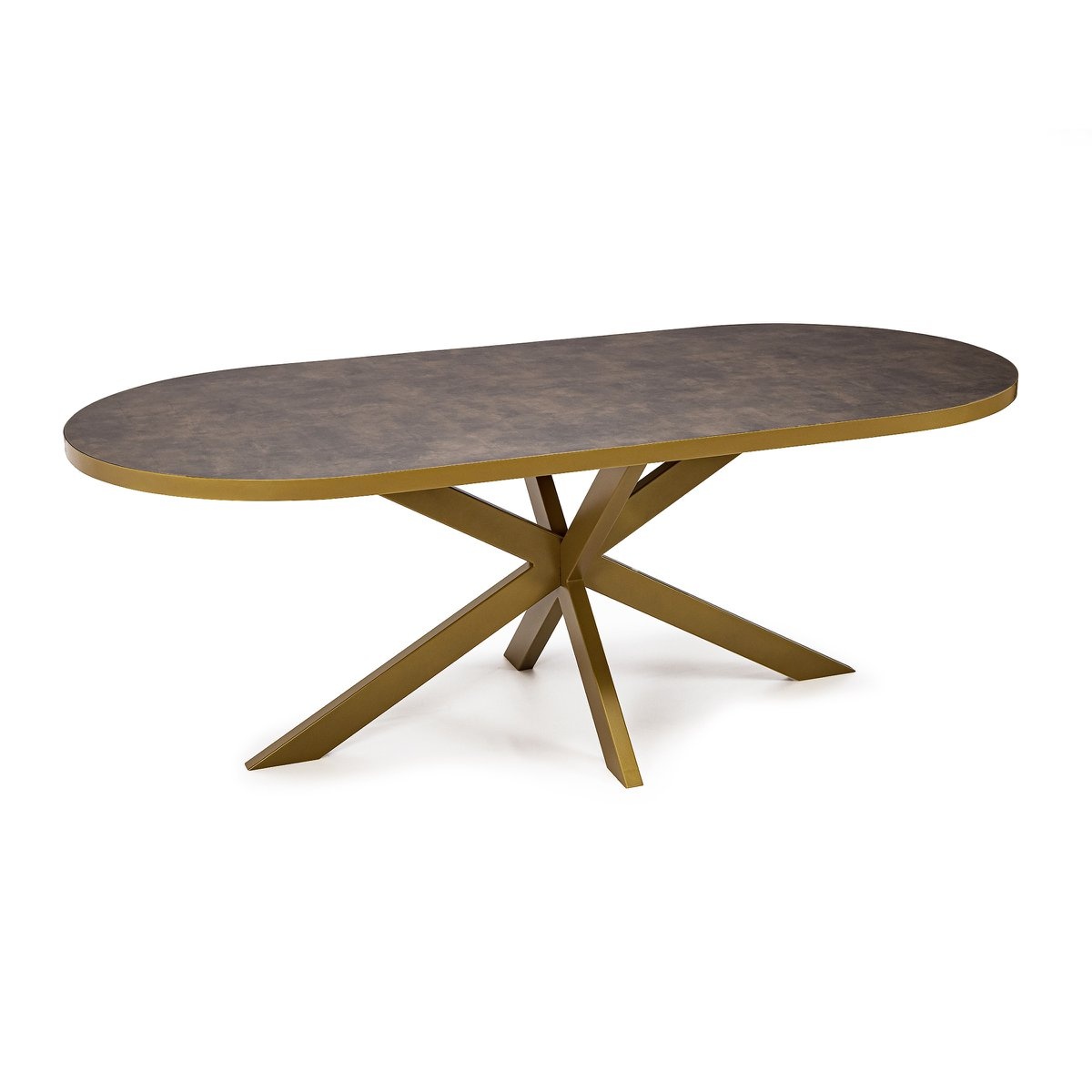 KantoormeubelenPlus Stalux Plat ovale eettafel 'Noud' 180 x 100, kleur goud / lederlook bruin