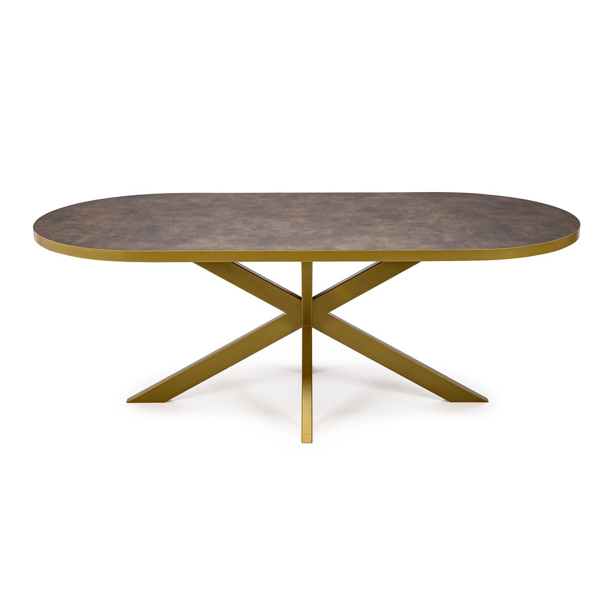 KantoormeubelenPlus Stalux Plat ovale eettafel 'Noud' 180 x 100, kleur goud / lederlook bruin