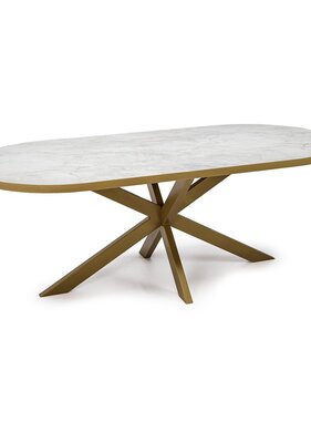 KantoormeubelenPlus Stalux Plat ovale eettafel 'Noud' 210 x 100, kleur goud / wit marmer