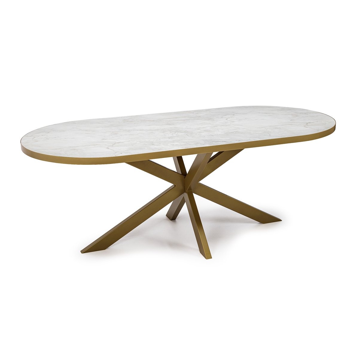 KantoormeubelenPlus Stalux Plat ovale eettafel 'Noud' 210 x 100, kleur goud / wit marmer