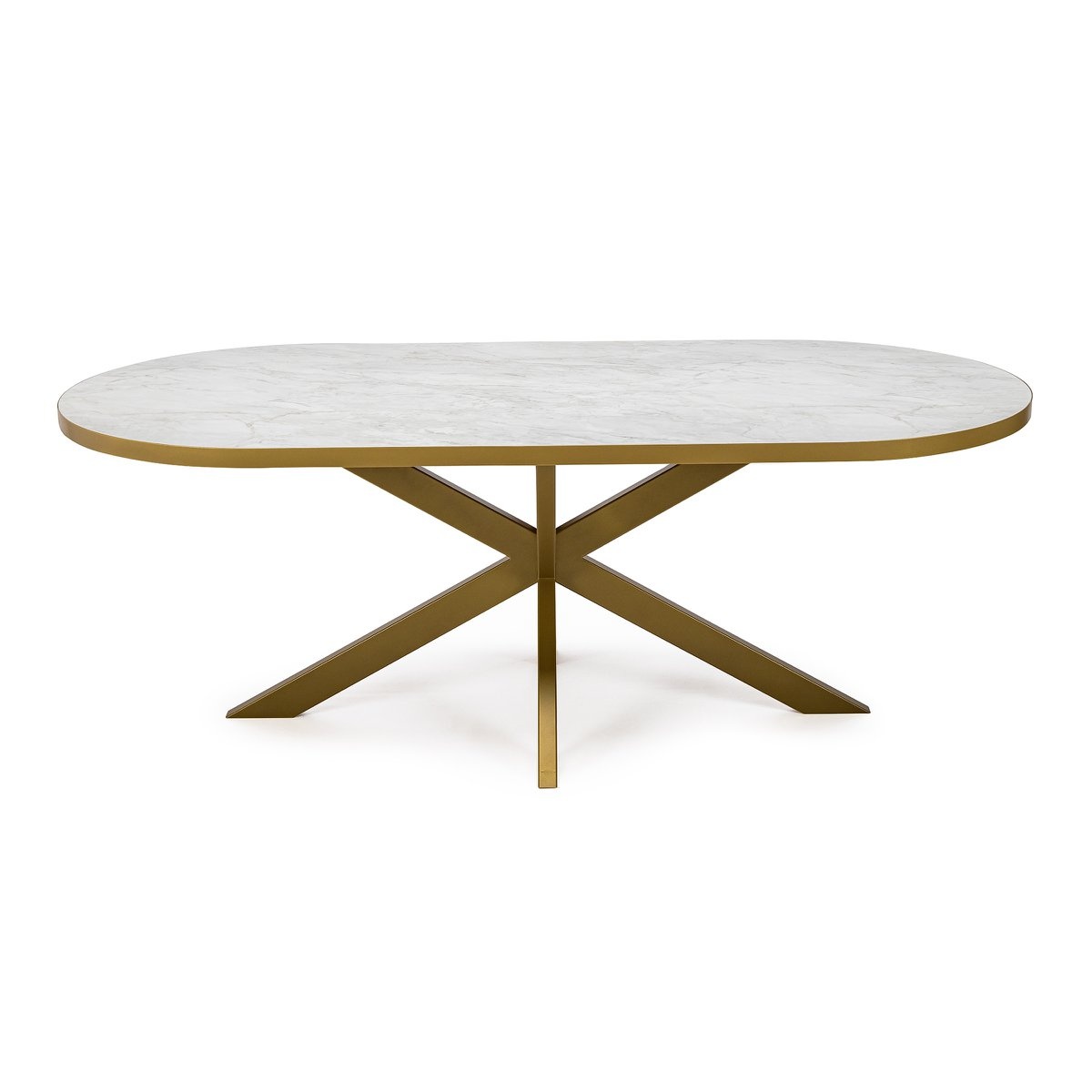 KantoormeubelenPlus Stalux Plat ovale eettafel 'Noud' 210 x 100, kleur goud / wit marmer