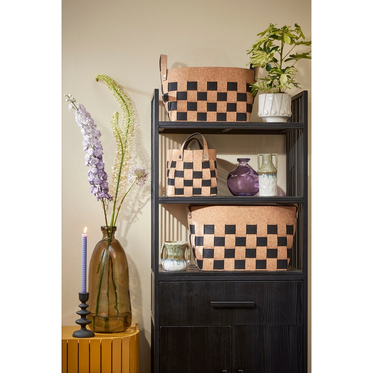 KantoormeubelenPlus Opbergmand - Set van 3 - L40 x B30 x H30 cm - Kurk/Vilt - Zwart