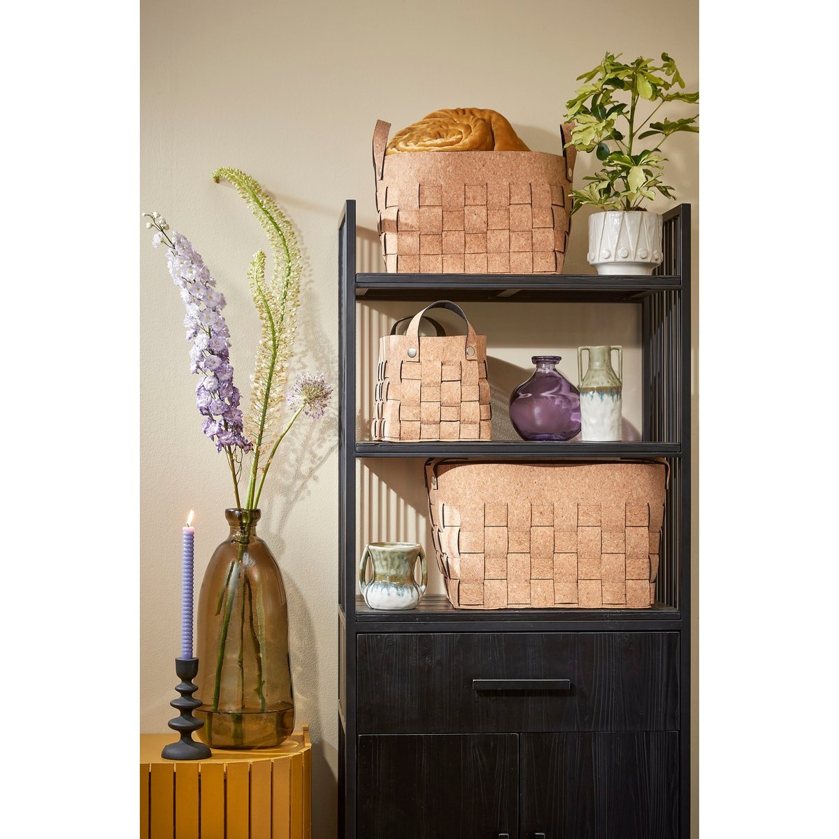 KantoormeubelenPlus Opbergmand - Set van 3 - L40 x B30 x H30 cm - Kurk/Vilt - Bruin