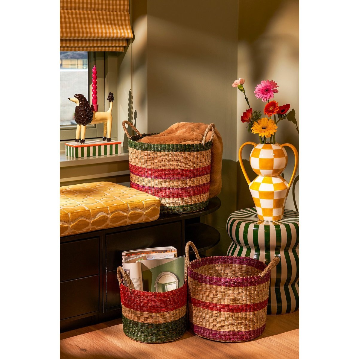 KantoormeubelenPlus Mand - Set van 3 - H29 x Ø32 cm - Bruin, Rood, Groen, Roze