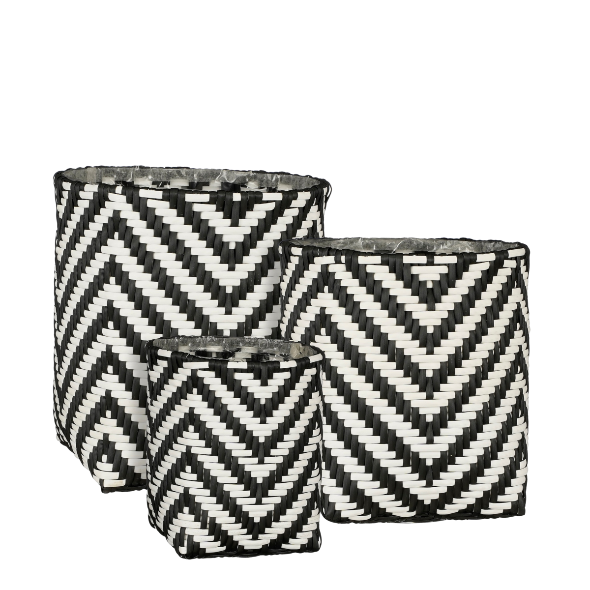 KantoormeubelenPlus Merlijn Plantenmand voor Buiten - Set van 3 - H26 x Ø24 cm - Gerecycled Plastic - Zwart, Wit