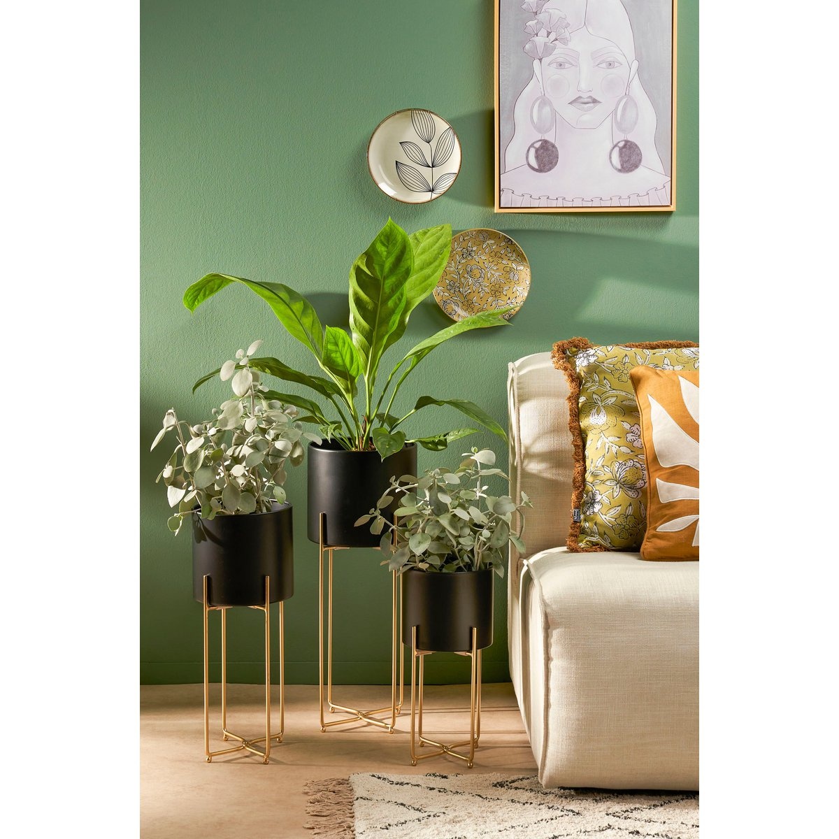 KantoormeubelenPlus Aries Bloempot op Standaard - Set van 3 - H58 x Ø24 cm - Zwart