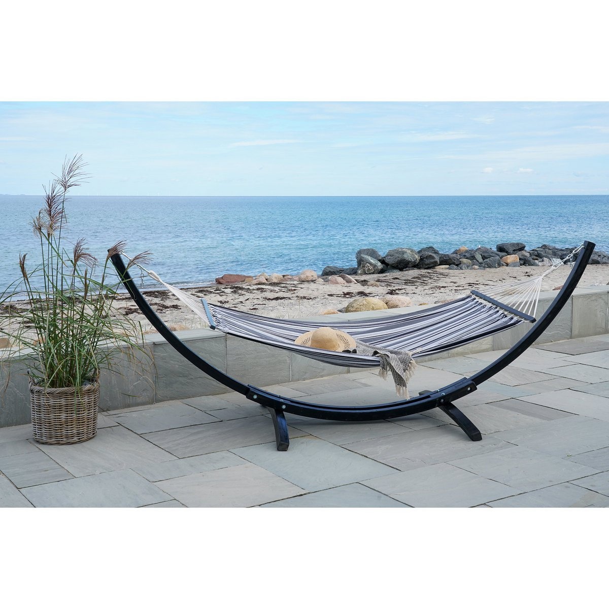 Tripoli Hangmat - Hangmat op houten standaard, lariks, polyester/katoen, zwart/grijs/wit