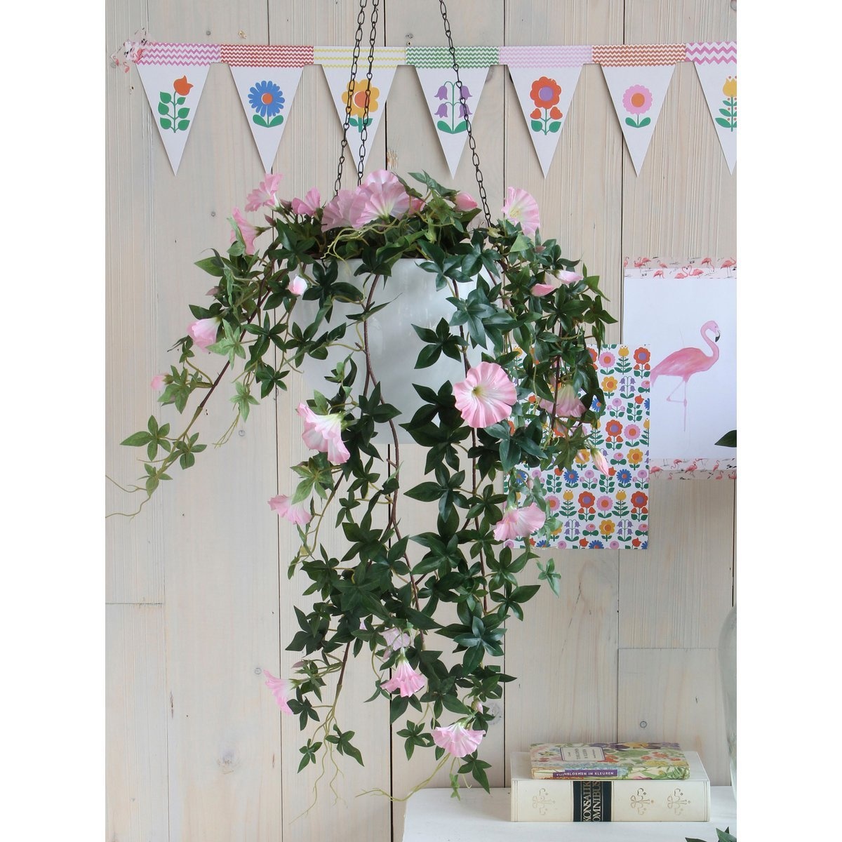 KantoormeubelenPlus Petunia Kunst Hangplant in Bloempot Stan - L25 x B45 x H50 cm - Roze