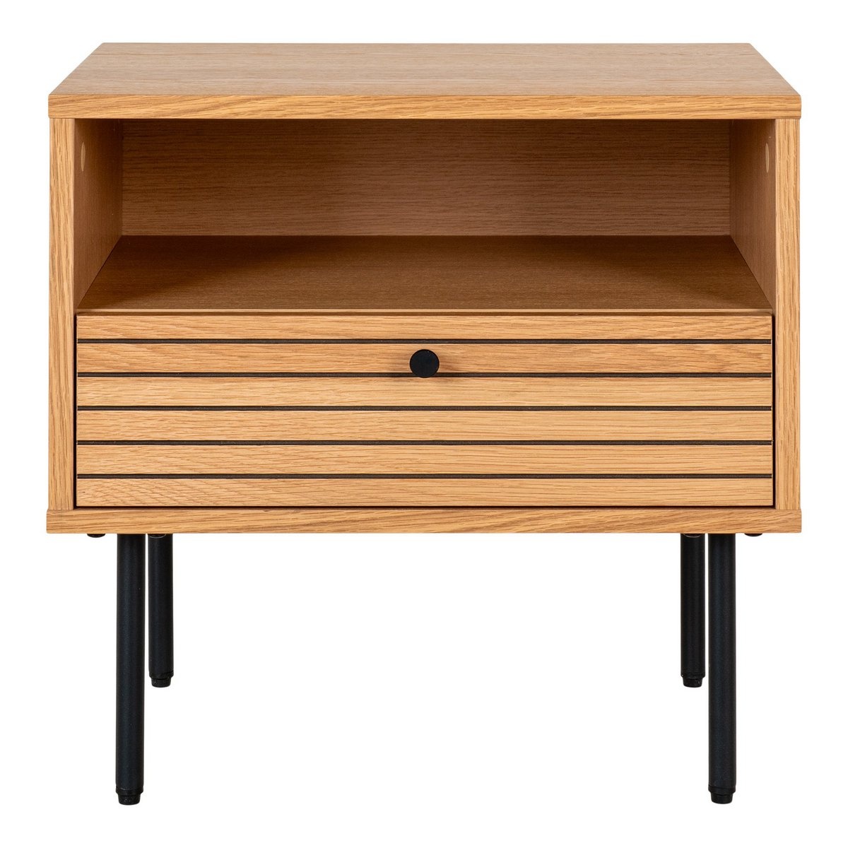 KantoormeubelenPlus Kyoto Side Table - Bijzettafel, eikenfineer, zwart metalen poten, 1 lade, 50x40x50 cm