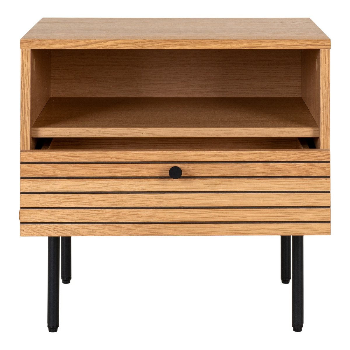 KantoormeubelenPlus Kyoto Side Table - Bijzettafel, eikenfineer, zwart metalen poten, 1 lade, 50x40x50 cm