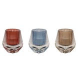 Kaarsenhouder - Kaarsenhouder in glas, roze en blauw en gerookt, omkeerbaar voor theelichtje en conische kaars, Ø8x8 cm, kolli á 12