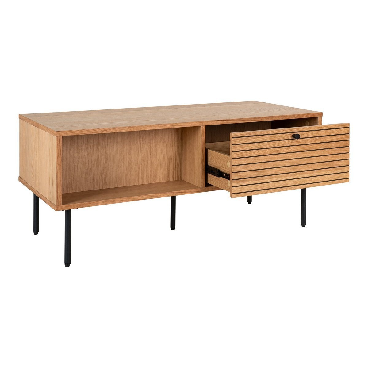 KantoormeubelenPlus Kyoto Coffee Table - Salontafel, eikenfineer, zwart metalen poten, 2 laden, 50x100x45 cm