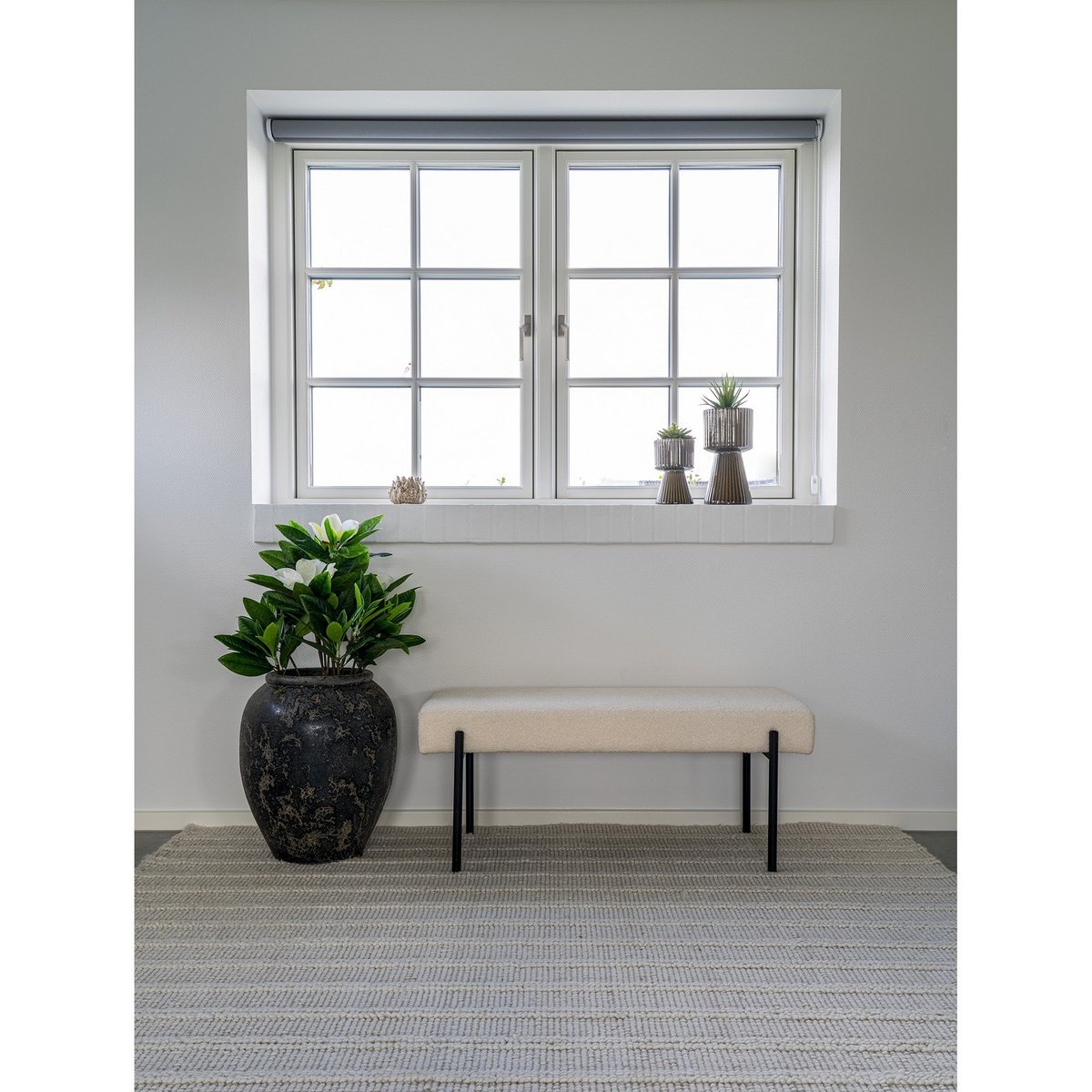 KantoormeubelenPlus Swindon Bench - Bank in bouclé, wit met zwarte poten, 100x36x42,5 cm, HN1232