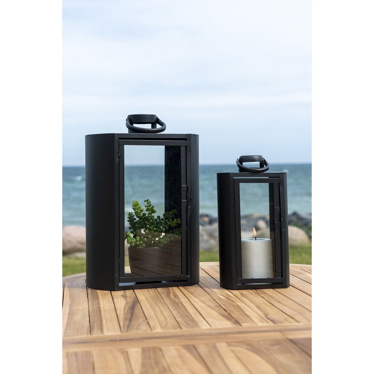 KantoormeubelenPlus Tolosa Lantern - Lantaarn met handvat, metaal en glas, zwart, set van 2