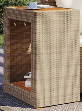 vidaXL Tuinbijzettafel met houten blad 60x40x75 cm poly rattan beige