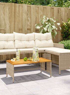 vidaXL Tuinbank met tafel en kussens L-vormig poly rattan beige