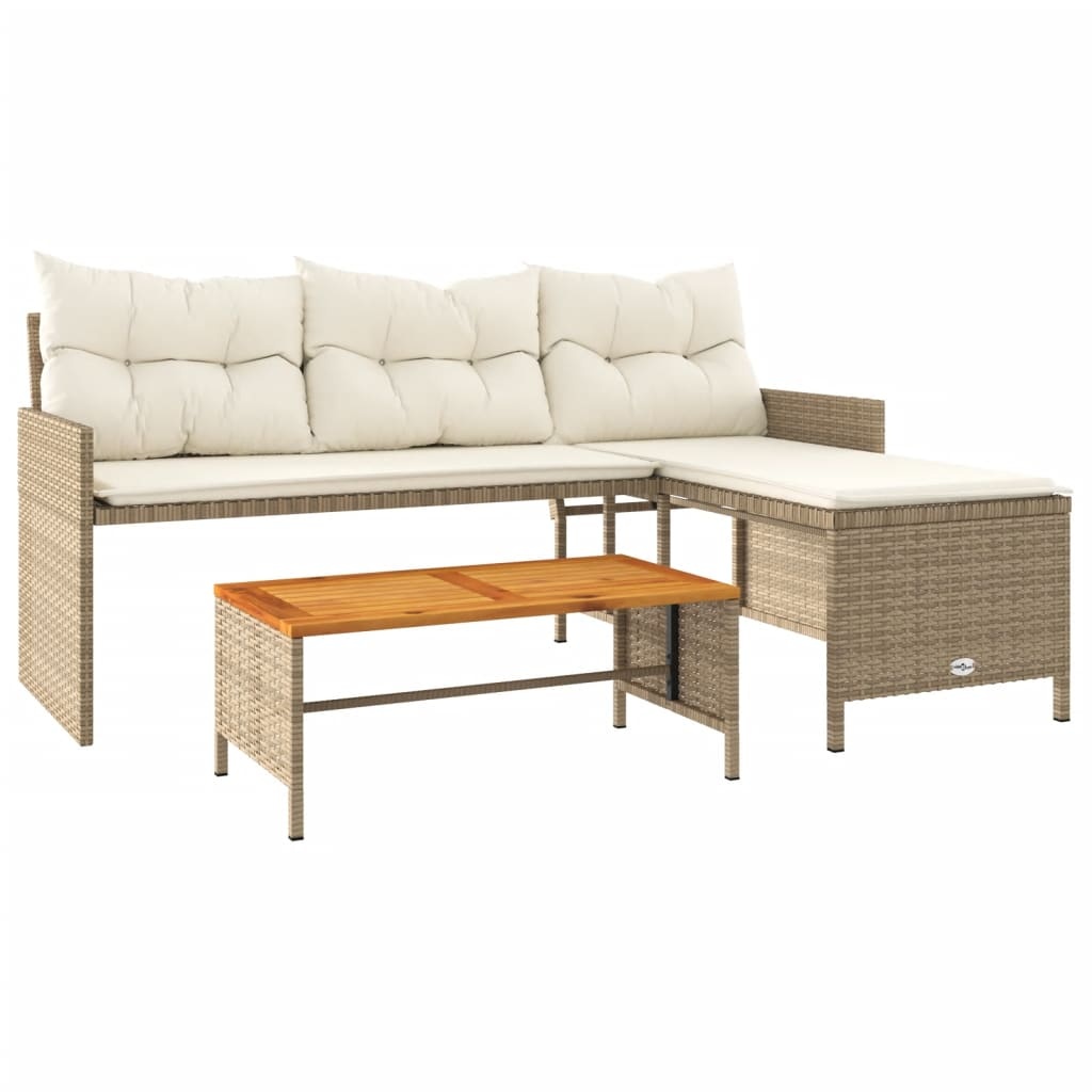 vidaXL Tuinbank met tafel en kussens L-vormig poly rattan beige