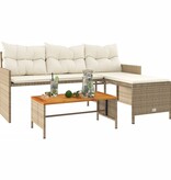 vidaXL Tuinbank met tafel en kussens L-vormig poly rattan beige