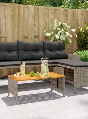 vidaXL Tuinbank met tafel en kussens L-vormig poly rattan grijs