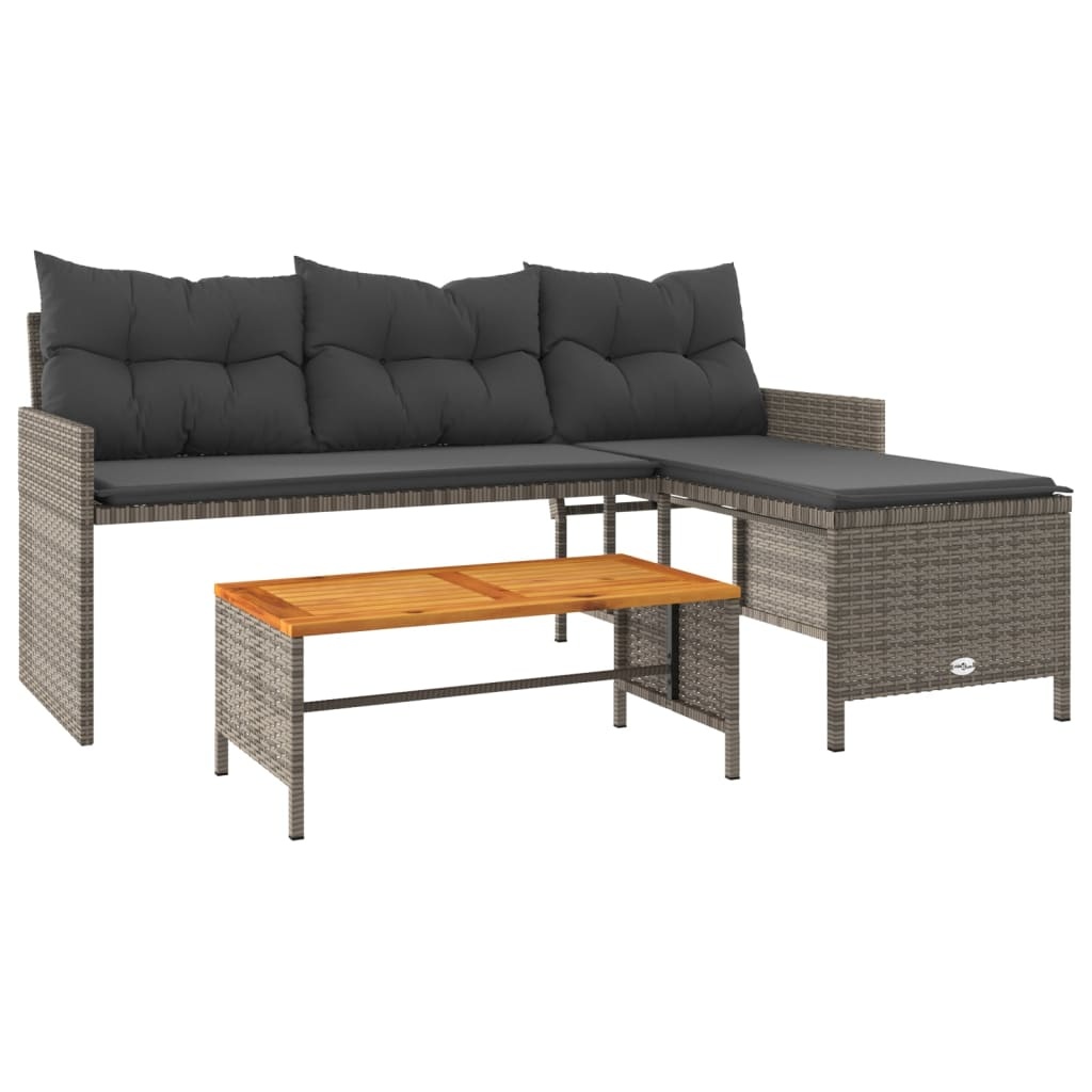 vidaXL Tuinbank met tafel en kussens L-vormig poly rattan grijs