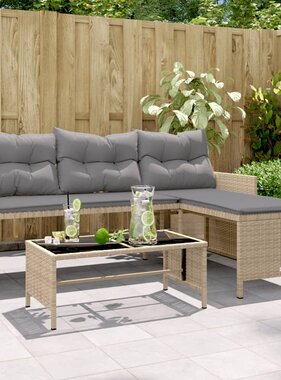 vidaXL Tuinbank met tafel en kussens L-vormig poly rattan beige