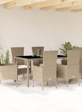 vidaXL 7-delige Tuinset met kussens poly rattan beige