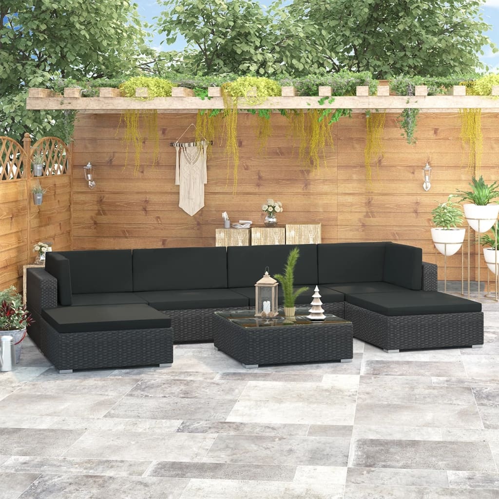 vidaXL 7-delige Loungeset met kussens poly rattan zwart