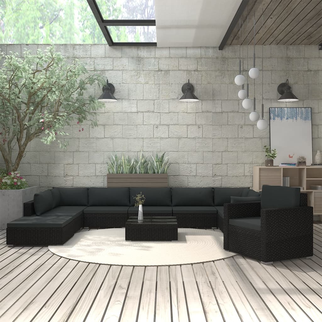 vidaXL 11-delige Loungeset met kussens poly rattan zwart