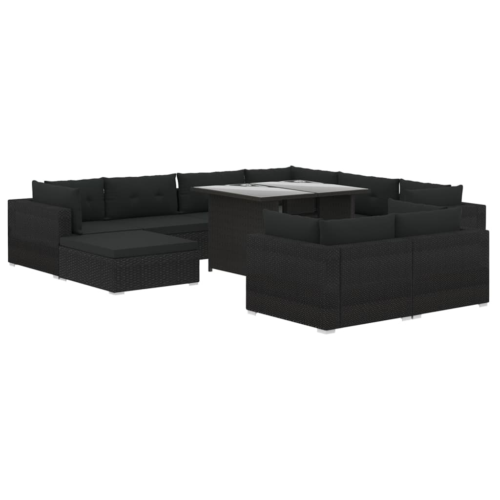 vidaXL 10-delige Loungeset met kussens poly rattan zwart