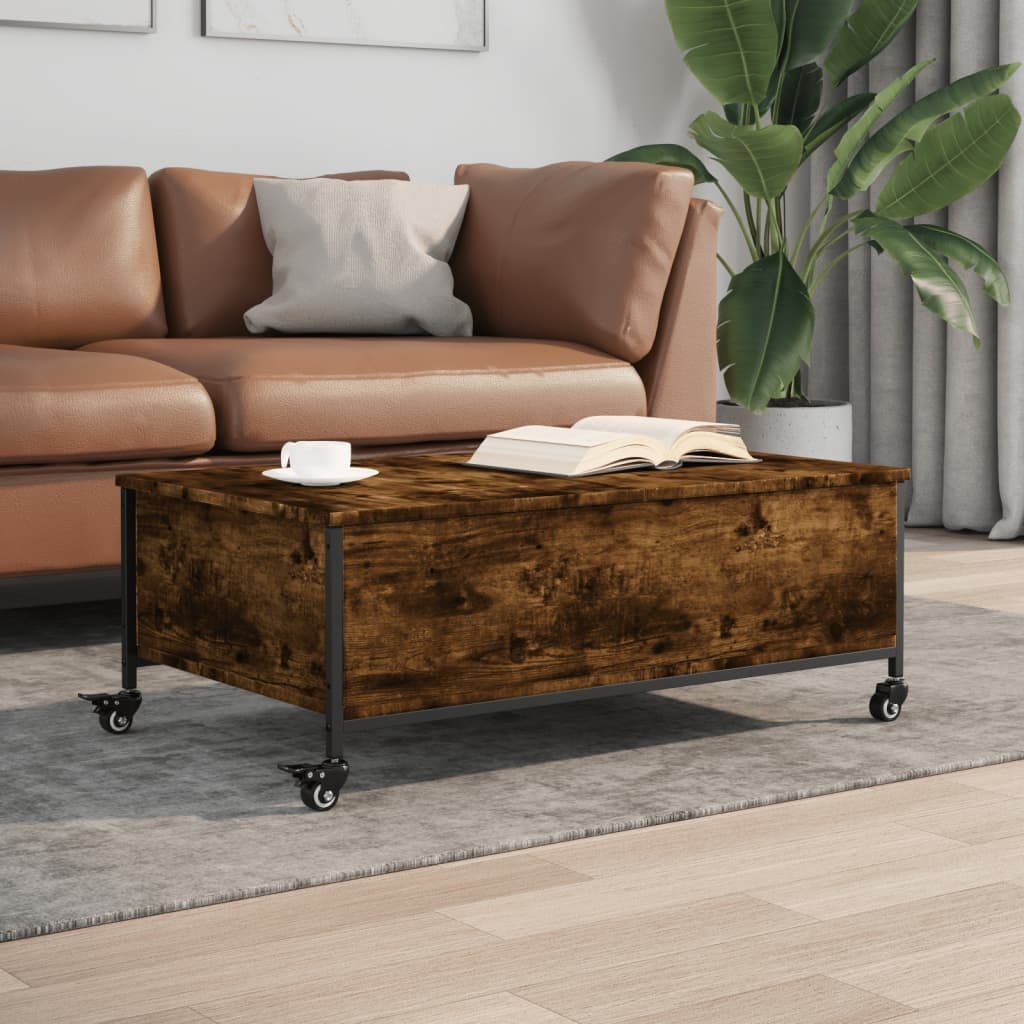 VidaXL Salontafel met wielen 91x55x34 cm bewerkt hout gerookt eiken