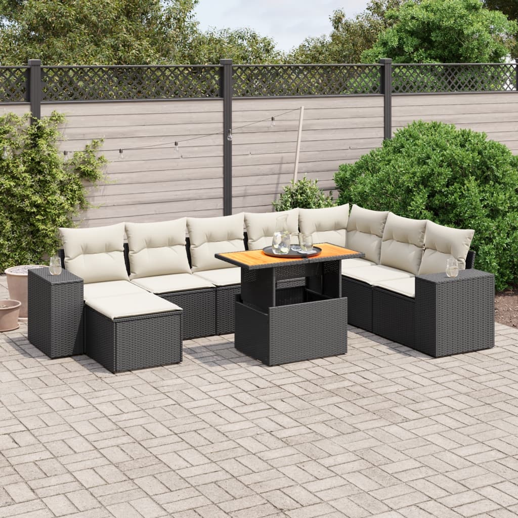 vidaXL 9-delige Loungeset met kussens poly rattan zwart